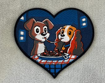 Lady & the Vagebond Spaghetti Dinner Patch | 4 x 3,5 inch geborduurd opstrijkbaar | Disney romantisch hartontwerp