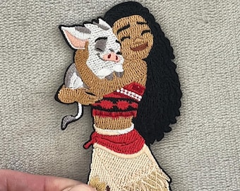 Moana Hugging Pua Patch | 3.5x2.25 Inch Embroidered Iron-On | Disney Polynesian Pig