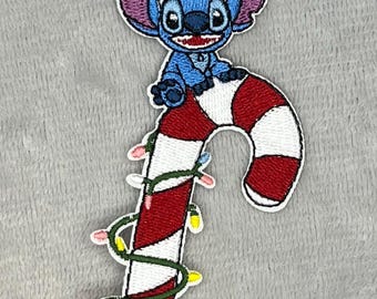 Stitch Candy Cane Patch | Christmas Stitch Embroidered Patch | Holiday Disney Decor