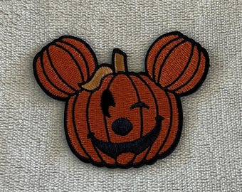 Mickey Mouse Winking Pumpkin Patch | 3x2.25 Inch Halloween Disney Patch | Embroidered Iron-On