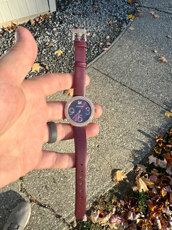 Swarovski Crystal Maroon Ladies Watch: Diamond Bezel, Leather Strap View 2