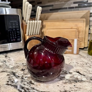 Vintage Anchor Hocking Ruby Red Slanted Ball Pitcher with Ice Lip