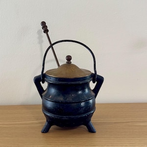 Vintage/Antique Cast Iron Smudge Pot Fire Starter Cauldron with Brass Lid and Brass Wand