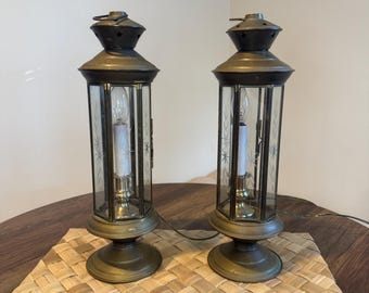 Vintage Brass and Etched-Glass Swag Pendant Light / Table Lantern Set