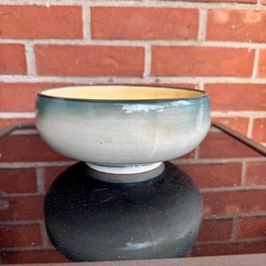 Vintage Oriental Blue Glazed Ceramic Compote Bowl: Signed Display Bowl