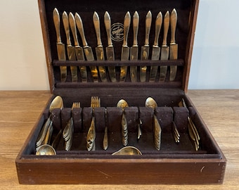 Vintage Dirilyte Silverware Set for 12 - &quot;Dirigilold&quot; &quot;Regal&quot; Set with Box, Gold Finish Utensils Engraved &quot;R&quot;