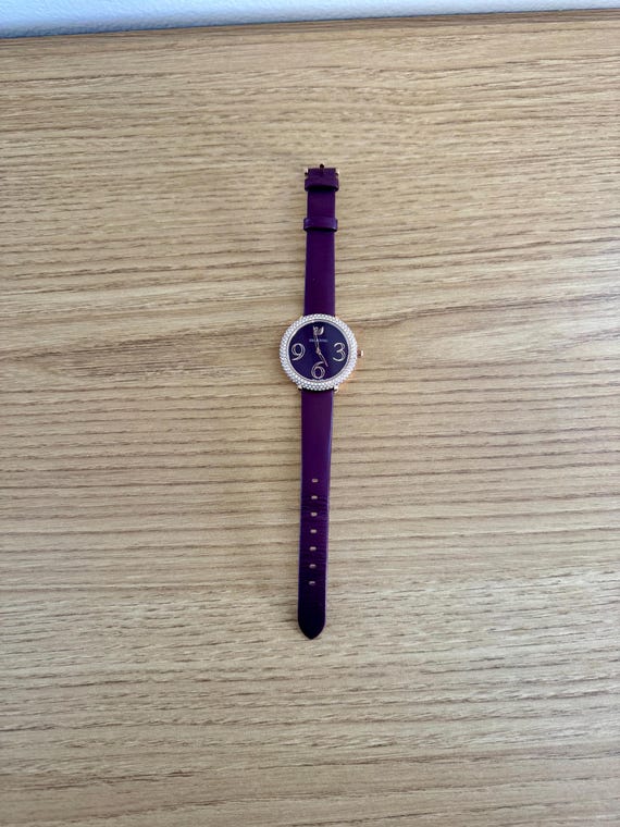 Swarovski Crystal Maroon Ladies Watch: Diamond Bezel, Leather Strap View 4
