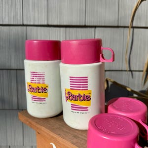 Set of 2 Vintage Mattel 1989 Barbie Thermos Canisters with two extra lids, Traveling Mug with BONUS Barbie 1988 Thermos Lunchbox