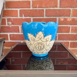 Vintage Handmade Pottery Planter: Sky Blue Engraved Floral Pot (7.5&quot; Tall)