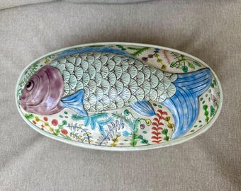Vintage Hand Painted Ceramic Oriental Chinese Blue Koi Fish Lidded Oval Serving Dish Bowl 13&quot; with Yellow Mask on ends, Decorative Art