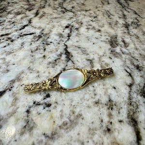 May include: A gold-toned brooch with an oval, iridescent mother-of-pearl center. The brooch features a floral and leaf design around the edges. The brooch is set against a speckled, light-colored surface.