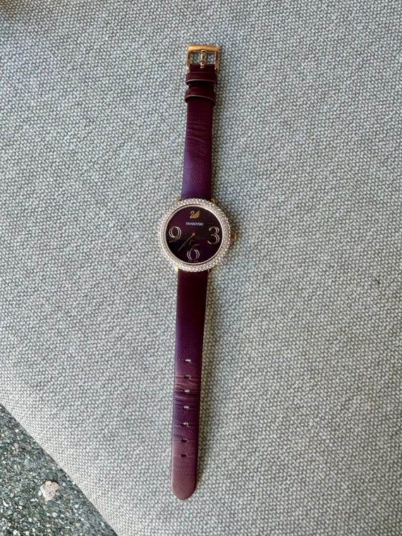 Swarovski Crystal Maroon Ladies Watch: Diamond Bezel, Leather Strap View 3