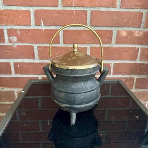 Vintage Cast Iron Fire Starter Smudge Pot with Brass Lid, 7 lbs 8&quot; Tall