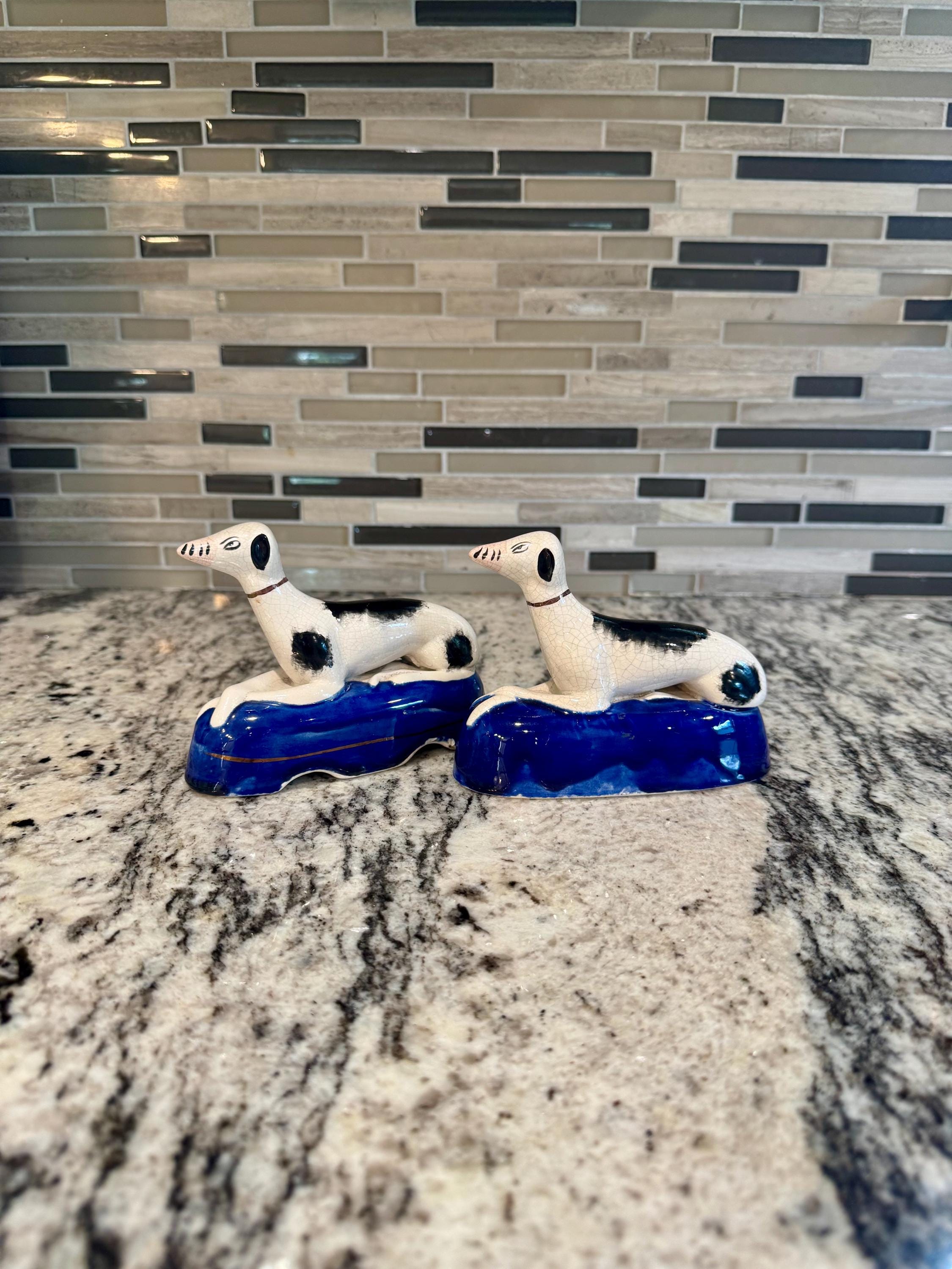 Antique Pair of Staffordshire Porcelain Figurine Inkwells, Whippet Greyhound Dogs 5"L x 3.5"H