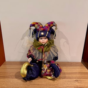 Vintage Large 17&quot; Mardi Gras Porcelain Jester Doll in Colorful Pattern