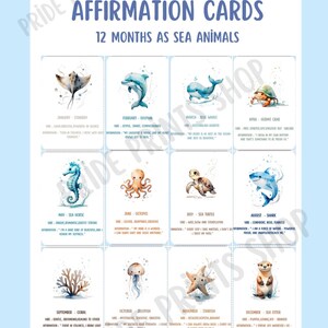 Conjunto de cartões de afirmação de animais marinhos para 12 meses – Citações mensais de amor-próprio para impressão – Cartões de atenção plena com animais marinhos – Presente positivo para crianças