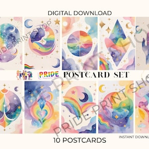 Conjunto de Cartões Postais do Orgulho LGBTQ+ | 10 Cartões Postais Arco-Íris | Cartões Artísticos Estéticos 4x6 | Papelaria LGBTQ para Imprimir | Download Digital