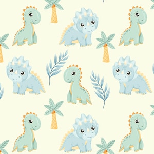 May include: A repeating pattern featuring cartoon dinosaurs in shades of blue and green, along with palm trees and blue leaves, set against a cream-colored background. The dinosaurs include Triceratops and other species.