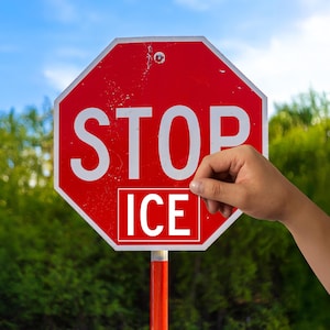 以下が含まれることがあります： 白い文字で「STOP」と書かれた赤い八角形の停止標識。 「ICE」という文字が入った小さな白い長方形が標識に貼られています。 背景には緑の葉と青い空があります。