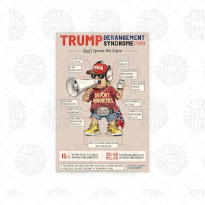 Op de afbeelding: Een satirische poster getiteld Trump Derangement Syndrome met een stripfiguur die een rode MAGA-pet, zonnebril en een T-shirt met de tekst DEPORT MINORITIES draagt. Het personage houdt een megafoon en een telefoon vast.