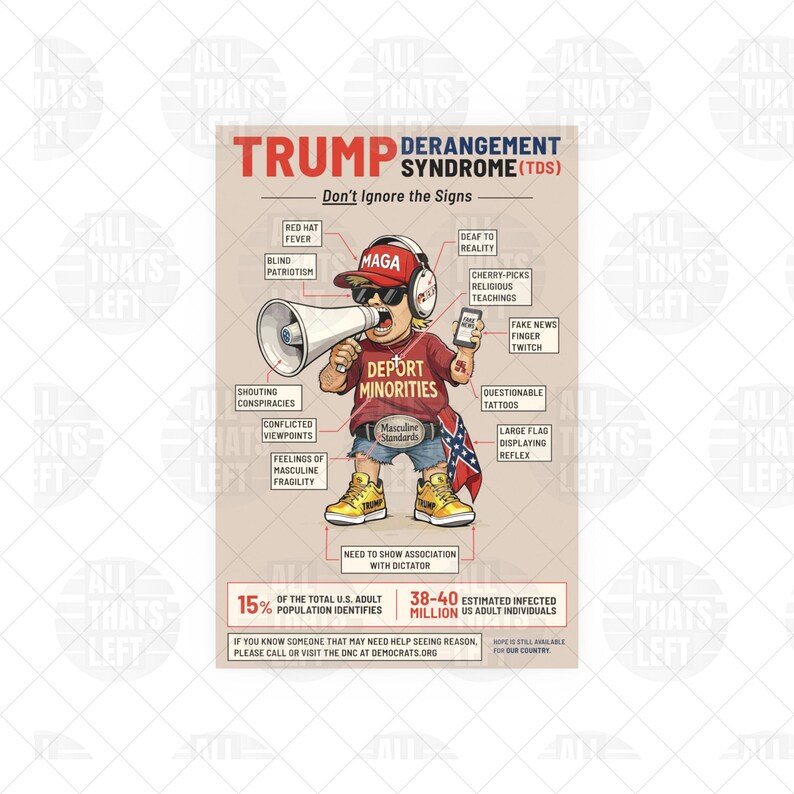 Op de afbeelding: Een satirische poster getiteld Trump Derangement Syndrome met een stripfiguur die een rode MAGA-pet, zonnebril en een T-shirt met de tekst DEPORT MINORITIES draagt. Het personage houdt een megafoon en een telefoon vast.