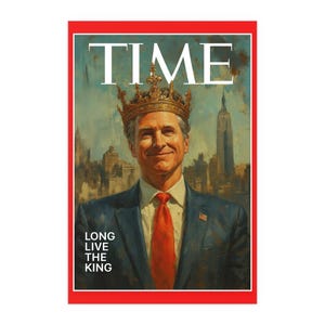 May include: A TIME magazine cover featuring a man wearing a gold crown and a red tie, set against a cityscape backdrop. The text "TIME" is at the top, with "LONG LIVE THE KING" at the bottom, all within a red border.