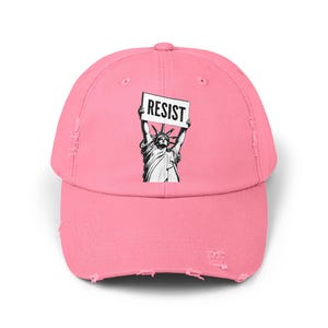 RESIST Sign Lady Liberty Printed Unisex Distressed Baseball Hat | Statue of Liberty, Anti-Trump Anti-DOGE Cap, Pro-Democracy Feminist Hats True Pink