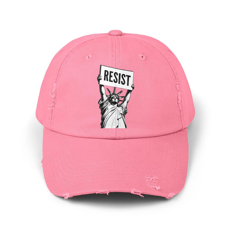 RESIST Sign Lady Liberty Printed Unisex Distressed Baseball Hat | Statue of Liberty, Anti-Trump Anti-DOGE Cap, Pro-Democracy Feminist Hats True Pink