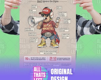 TDS Trump Derangement Syndrome Symptomen print poster geelbruin | Karikatuur satire kunst aan de muur, anti-troefcadeau voor liberalen, grappig politiek cadeau