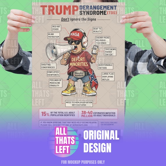 TDS Trump Derangement Syndrome Symptoms Print Poster Tan | Caricature Satire Wall Art, Anti-Trump Gift for Liberals, Funny Political Gift