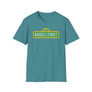 Raised by the Street Public Broadcasting T-Shirt — Support Sesame Street 90s Kids Tee Heather Galapagos Blue