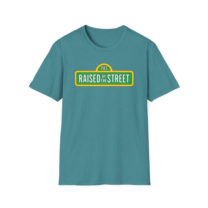 Raised by the Street Public Broadcasting T-Shirt — Support Sesame Street 90s Kids Tee Heather Galapagos Blue