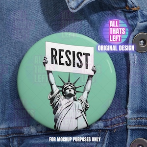 Botões de alfinetes verdes RESIST | Arte retrô da Estátua da Liberdade, botão anti-Trump, alfinetes anti-DOGE, alfinete pró-democracia, alfinete pró-igualdade, alfinete feminista