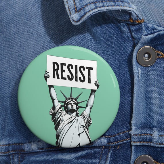 RESIST Green Pin Buttons | Retro Statue of Liberty Art, Anti-Trump Button, Anti-DOGE Pins, Pro-Democracy Pin, Pro-Equality Pin, Feminist Pin