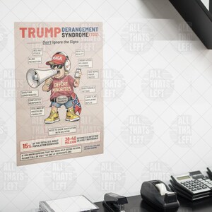 Op de afbeelding: Een politieke poster getiteld Trump Derangement Syndrome met een stripfiguur die een rode MAGA-pet, zonnebril en een T-shirt met de tekst Deport Minorities draagt, terwijl deze een megafoon en een telefoon vasthoudt.