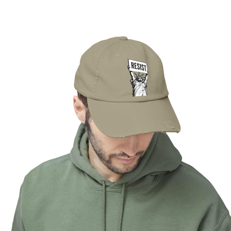 RESIST Sign Lady Liberty Printed Unisex Distressed Baseball Hat | Statue of Liberty, Anti-Trump Anti-DOGE Cap, Pro-Democracy Feminist Hats Light Olive