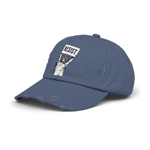 RESIST Sign Lady Liberty Printed Unisex Distressed Baseball Hat | Statue of Liberty, Anti-Trump Anti-DOGE Cap, Pro-Democracy Feminist Hats Scotland Blue