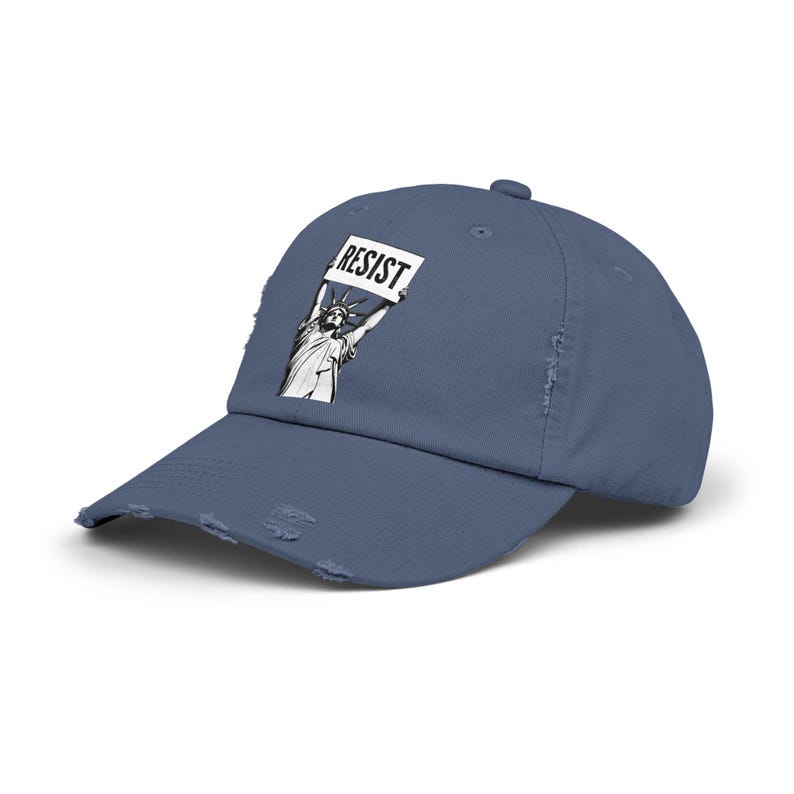 RESIST Sign Lady Liberty Printed Unisex Distressed Baseball Hat | Statue of Liberty, Anti-Trump Anti-DOGE Cap, Pro-Democracy Feminist Hats Scotland Blue
