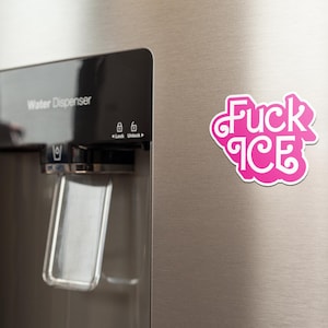 May include: A pink and white magnet with the words "Fuck ICE" in a stylized font is affixed to a stainless steel refrigerator door. The refrigerator has a water dispenser.