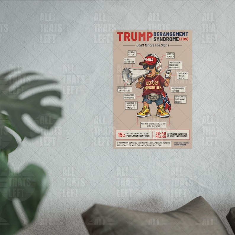 Op de afbeelding: Een poster met de titel TRUMP DERANGEMENT SYNDROME (TDS) met een cartoonfiguur die een rode MAGA-pet, een koptelefoon en een T-shirt met de tekst DEPORT MINORITIES draagt, een megafoon en smartphone vasthoudt, met diverse tekstlabels bij de kenmerken.