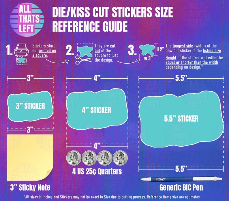 May include: A die/kiss cut sticker size reference guide with a purple and blue gradient background. It displays three sticker sizes: 3 inches, 4 inches, and 5.5 inches. The guide includes a 3-inch sticky note, four US 25-cent quarters, and a BIC pen.