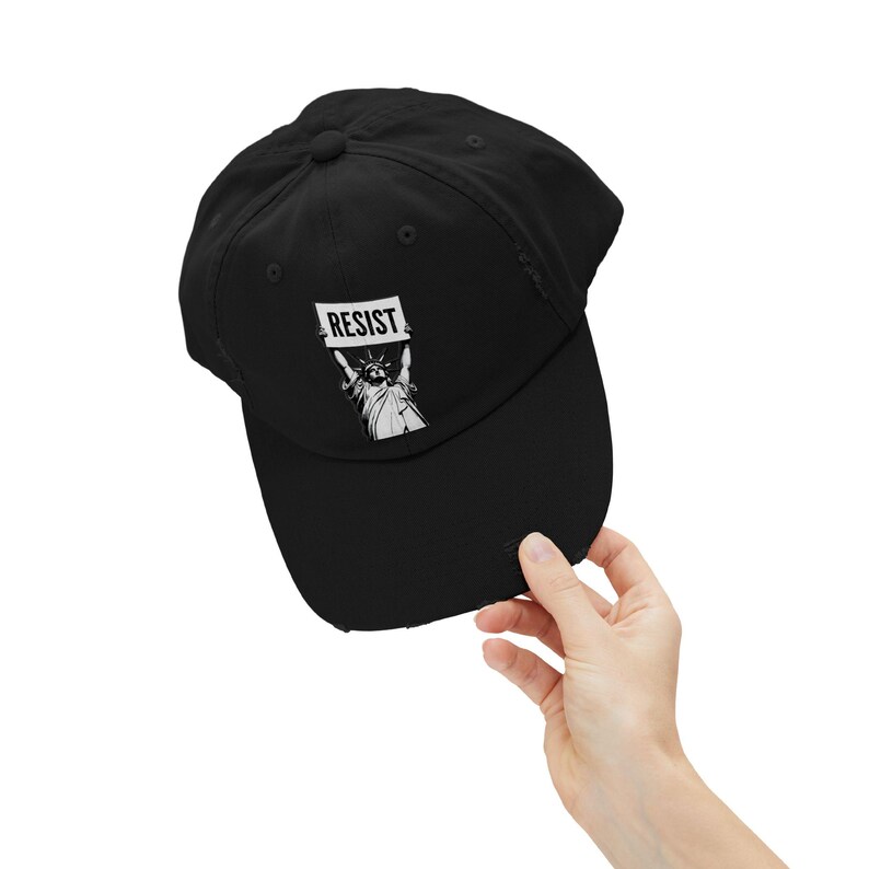 RESIST Sign Lady Liberty Printed Unisex Distressed Baseball Hat | Statue of Liberty, Anti-Trump Anti-DOGE Cap, Pro-Democracy Feminist Hats Black