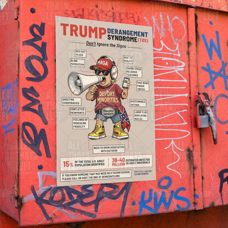 TDS Trump Derangement Syndrome Symptomen print poster geelbruin | Karikatuur satire kunst aan de muur, anti-troefcadeau voor liberalen, grappig politiek cadeau afbeelding 5