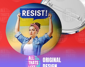 Modern Rosie the Riveter Resist Sign Pin Buttons | Anti-Trump Button | Retro Feminist We Can Do it Pins |  FDT Anti-Fascism Hands OFF Button