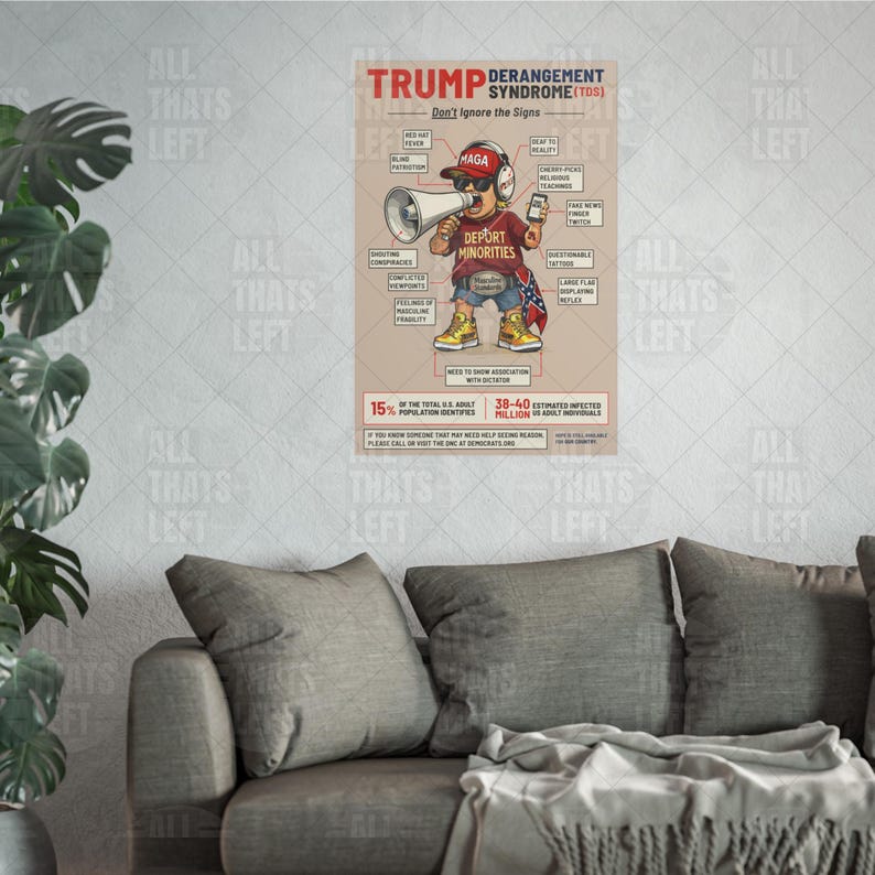 TDS Trump Derangement Syndrome Symptomen print poster geelbruin | Karikatuur satire kunst aan de muur, anti-troefcadeau voor liberalen, grappig politiek cadeau afbeelding 15