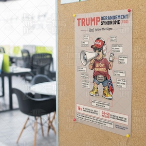 Op de afbeelding: Een rechthoekige poster met de titel TRUMP DERANGEMENT SYNDROME (TDS) met een stripfiguur die een rode MAGA-pet, een koptelefoon en een T-shirt met de tekst DEPORT MINORITIES draagt. De afbeelding bevat diverse labels die naar de kenmerken wijzen.