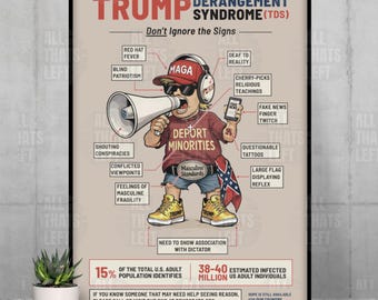 Póster con los síntomas del síndrome de trastorno por Trump (TDS), marco color canela, caricatura satírica, arte mural, regalo anti-Trump para liberales, divertido regalo político.