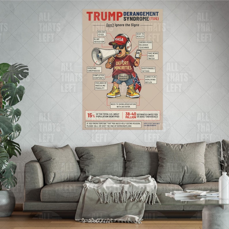 Op de afbeelding: Een poster getiteld Trump Derangement Syndrome met een cartoonfiguur met een MAGA-pet, zonnebril en een Deport Minorities-shirt, die een megafoon en telefoon vasthoudt, met diverse tekstlabels die naar specifieke kenmerken wijzen.