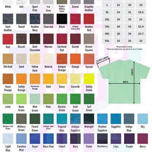 The image is a color and size chart for a unisex heavy cotton t-shirt. It displays various color options and corresponding sizes, along with measurements for the t-shirt's width. The chart provides a visual representation of the different color combinations and their corresponding sizes, allowing customers to choose from a range of options based on their preferences and measurements.