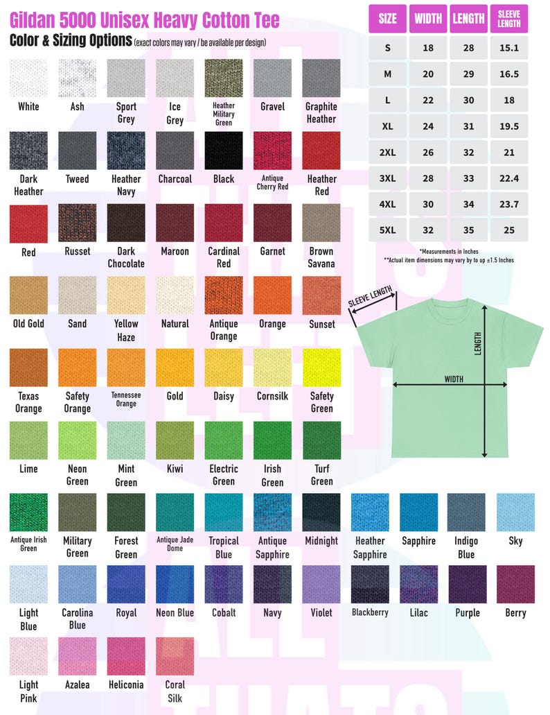 The image is a color and size chart for a unisex heavy cotton t-shirt. It displays various color options and corresponding sizes, along with measurements for the t-shirt's width. The chart provides a visual representation of the different color combinations and their corresponding sizes, allowing customers to choose from a range of options based on their preferences and measurements.